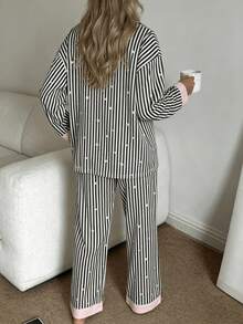 Nina Bonheur 2pcs Women's Loose Button-Down Striped Long Sleeve Cardigan + Elastic Waist Long Pants Pajama Set, Cute Homewear - Black - View 7