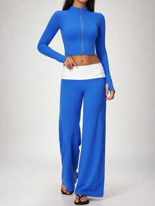NcmRyu Women's 1 Set Contrast Color Autumn/Winter Zipper Small Stand Collar Thumb Hole Long Sleeve Jacket & Folded Waist Wide Leg Long Pants - Blue - View 8