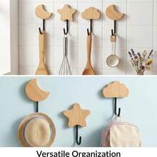 Self-Adhesive Wall Hook Set, No Drilling Required - Star-Shaped Wooden Hooks With Strong Adhesive, Suitable For Home Bathroom, Kitchen, Bedroom And Office, Multipurpose Wall-Mounted Storage Hanger For Towels, Bags, Keys, Coats, Hats & Decor - Multicolor - View 7