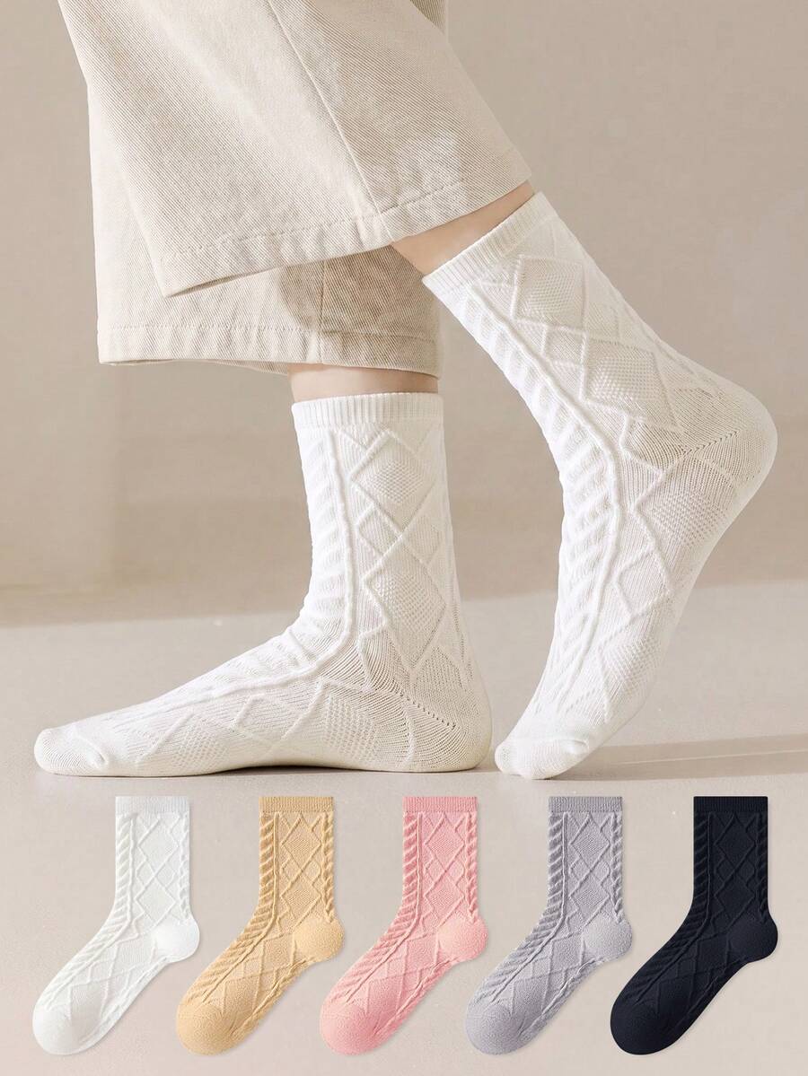 3 Pairs Solid Color Women's Mid-Calf Socks, 3D Embossed Argyle Cable Knit Thick Warm Socks, Versatile Soft Comfortable, Sleep Floor Long Socks Maternity Socks, Suitable For Spring Autumn Winter Sports Daily Wear, Random Color - Multicolor - View 1