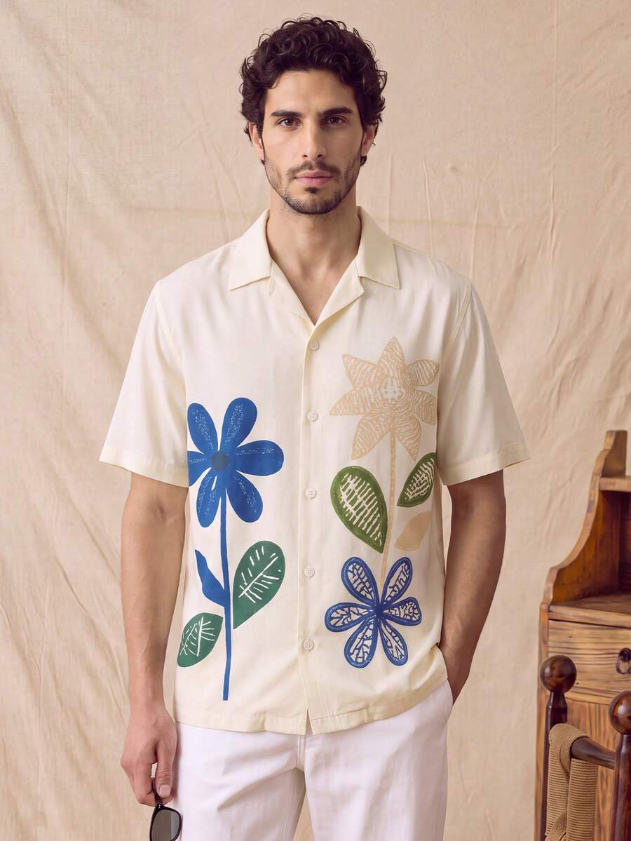 glestore Men's Retro Old Money Style Printed Button Short Sleeve Shirt Four Seasons Casual Versatile Style - Multicolor - View 1