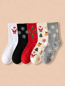 5 Pairs Autumn/Winter Christmas Atmosphere Mid-Calf Socks, Santa Claus Snowflake Bell Jacquard Pattern, Elastic Girls' Holiday Socks - Multicolor - View 9