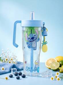 Botol Minum Plastik Miniso Disney Stitch Dinner Party Collection 1250mL/42.26FL.OZ dengan Pegangan & Sedotan, Gelas Minuman Dingin Kapasitas Besar yang Dapat Digunakan Kembali dengan Hiasan Nanas untuk Penggunaan Sehari-hari - Biru - View 1