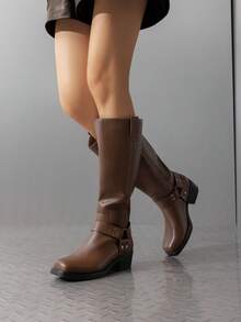 Dream Pairs Women's Knee-High Square Toe Motorcycle Riding Slip-On Fashion Chunky Low Heel Buckle Decor Tall Boots, Autumn/Winter - Brown - View 4