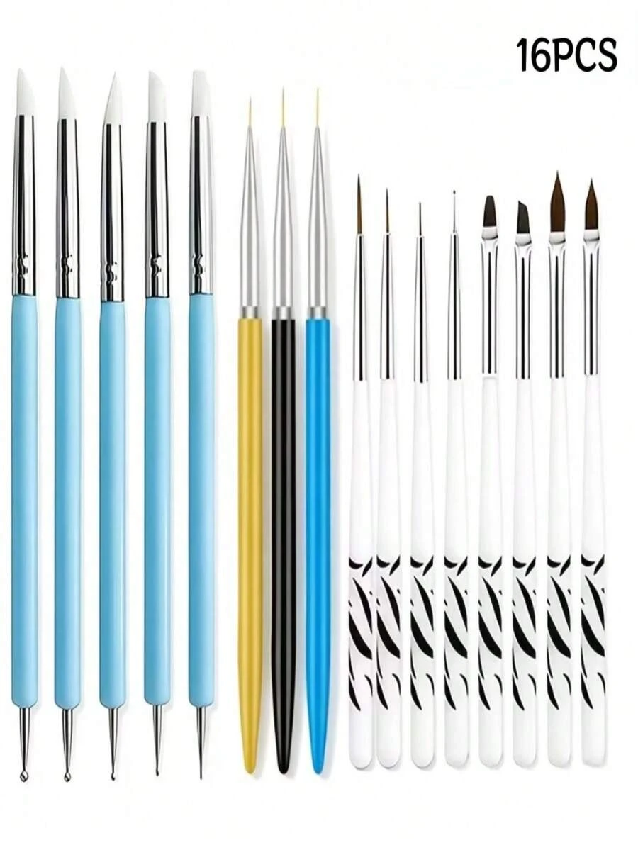 16Pcs Nail Art Tool Set, Silicone Sculpting Pens Liner Brushes Painting Brushes Dotting Pens For Nail Detail Drawing Carving Dot Work - Multicolor - View 1