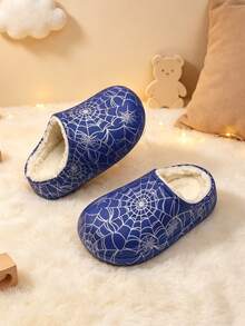 1 Pair Spider Web Pattern Fleece Slip-On Kids Shoes, Warm & Comfortable House Shoes, Suitable For Indoor & Outdoor Daily Wear - Blue - View 2