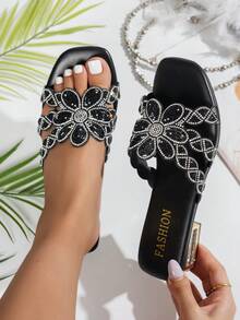 Luxury Sparkling Rhinestone Hollow Out Slide Sandals, Beach Vacation Low Chunky Heel Square Toe Outdoor Wear - Black - View 3