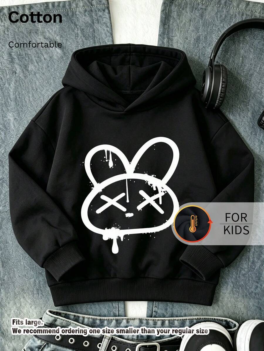 Kids Hooded Sweatshirt, Drip Style Bunny Head Graphic Print Thick Fleece Lined Pullover For Kids - Black - View 1