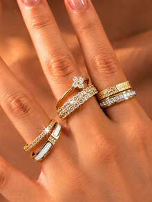 5pcs/Set Women's European & American Style Delicate Starry Stackable Ring Set, Halloween/Christmas/Anniversary Gift - Gold 2 - View 3