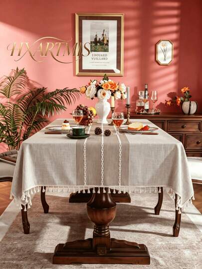 1PC Solid Color Striped Linen Tablecloth With Tassels, Pastoral Style Rectangular Dining Table Cover, Suitable For Kitchen, Dining Room Daily Home Decor