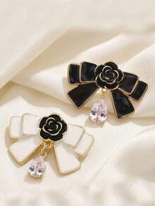 2pcs/Set French Camellia Flower & Bow Brooch, Black & White Crystal Teardrop Lapel Pin, Luxury Elegant Suit Accessory - Black+White - View 2