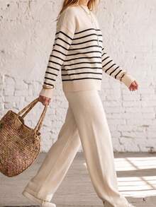 Women's Striped Round Neck Long Sleeve Knit Sweater And Wide Leg Pants Set, Casual 2 Pieces Loungewear For Autumn, Winter And Spring - Apricot Stripes - View 7