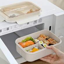 1 hộp cơm bento vuông 3 ngăn dùng được trong lò vi sóng, màu be, có thìa và nĩa, dạng chồng lên nhau, kèm túi đựng cơm và cốc đựng yến mạch, hộp cơm cầm tay chống rò rỉ kín, dễ vệ sinh, phù hợp cho học sinh và nhân viên văn phòng quay lại trường học - Nhiều màu - Xem 6
