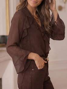 Women's V-Neck Ruffle Chiffon Blouse Brown Semi-Sheer Bell Sleeve Top - Brown - View 7