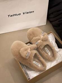 Autumn/Winter Atmosphere Rhinestone Bow Decor Faux Mink Fur Flat Slip-On Soft Style Home Winter Shoes For Women - Khaki - View 1