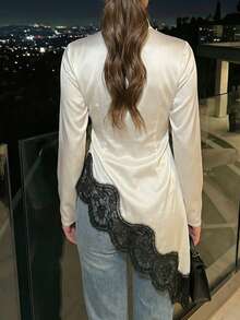 Women Mock Neck Satin Long Sleeve Top, Asymmetrical Hem Contrast Lace Trim Ruched Slim Elegant Blouse - Apricot - View 2