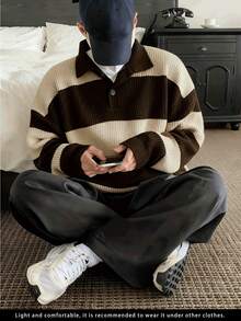 Plus Size Men's American Street Style Korean Business Casual Striped Pullover Knit Sweater - Brown - View 2