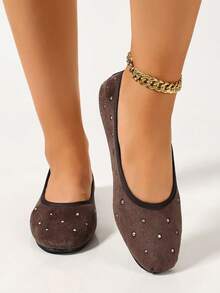 Women's Flat Shoes Comfortable Elegant Brown Rhinestone Ballet Shoes - Brown - View 5
