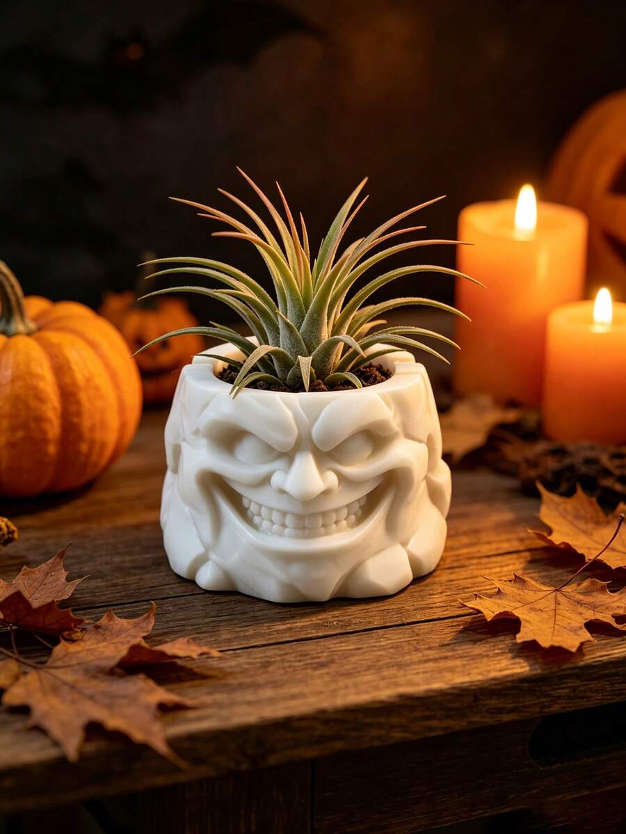 3D Printed Evil Stone Face Planter, Halloween Funny Expression Succulent Pot, Personalized Dark Style Desktop Decor Planter Ornament