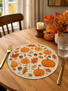 1/4/6PCS Pumpkin Maple Leaf Round Linen Placemats, Rustic Autumn Harvest Printed Dining Table Mats, Farmhouse Heat Resistant Decorative Place Mats For Thanksgiving Kitchen Dining Room Fall Home Table Decor - Multicolor - View 1
