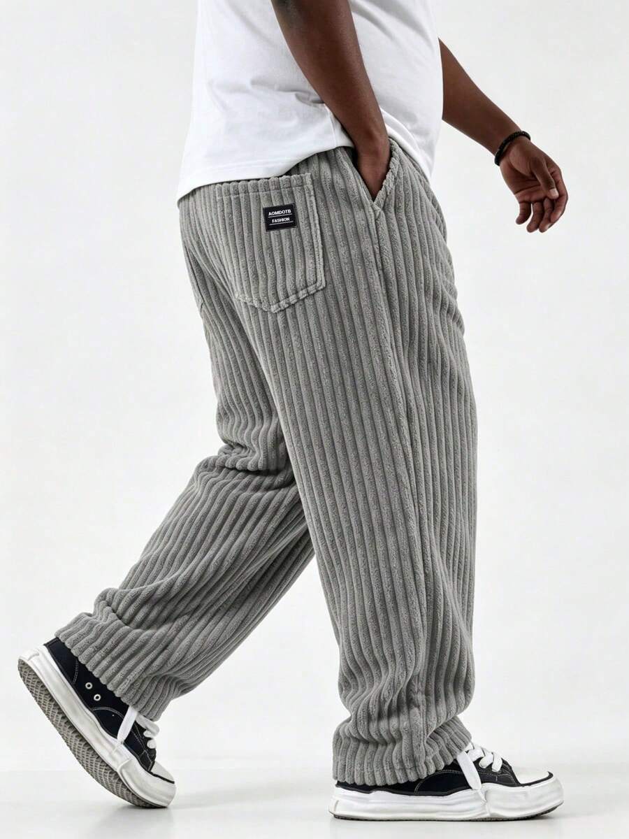 Winter Plus Size Men's Corduroy Casual Pants, Fashion Retro Sports Pants, Striped Straight Leg Loose Fit Pants, Autumn