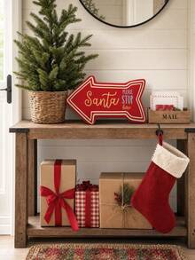 Santa Claus Please Stop Here Letter Print Decorative Throw Pillow, Red Arrow Sign Cushion, Suitable For Sofa Bench, Vintage Christmas Holiday Home Decor Accent - Multicolor - View 2