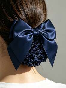 1pc Double Layer Bow Ribbon Mesh Hair Clip, Hair Accessory, Solid Color Bohemian Zinc Alloy, Suitable For All Seasons - Navy Blue - View 1