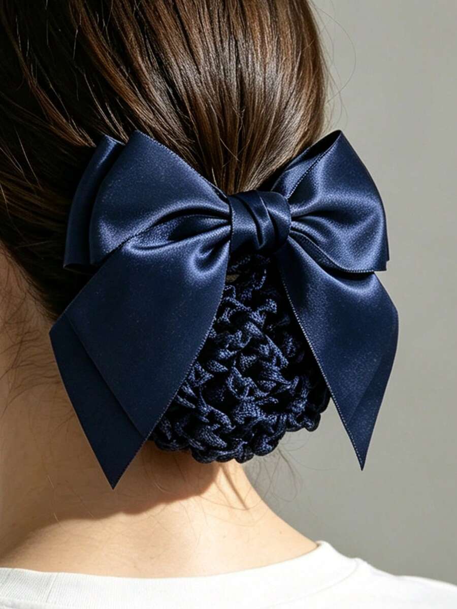 1pc Double Layer Bow Ribbon Mesh Hair Clip, Hair Accessory, Solid Color Bohemian Zinc Alloy, Suitable For All Seasons - Navy Blue - View 1
