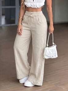 Women's Autumn Basic Drawstring Elastic Waist Wide Leg Pants, Suitable For Back To School, Church, Outings And Street Casual Bottoms - Apricot - View 5