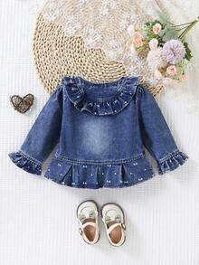 Girls' Cute Ruffle Trim Round Neck 3D Bow Decor Denim Jacket, Small Bow & Heart Print Bell Sleeve Pleated Hem Denim Cardigan - Royal Blue - View 7