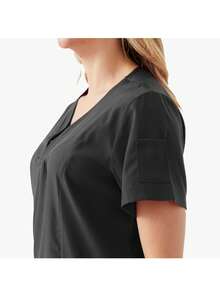 Conjunto 2 Piezas Uniforme Médico para Dama, Top Escote en V Manga Corta con Pantalón Cintura Elástica y Cordón, Ropa de Trabajo Stretch Transpirable para Enfermería, Clínica Dental - Negro - Ver 7