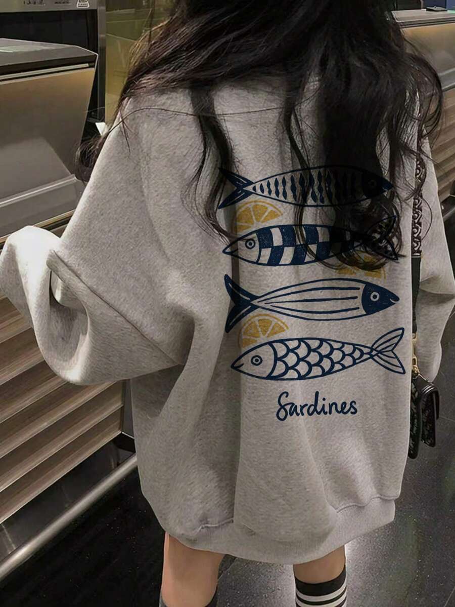 Niche Ocean Style Fish School & Lemon Back Print Sweatshirt, Minimalist Vintage Loose Drop Shoulder Crew Neck Women's Autumn Top - Light Grey - View 1