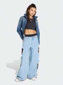 Adidas Originals Women's Street Style Button Striped Frayed Hem Denim Jeans - Baby Blue - View 7