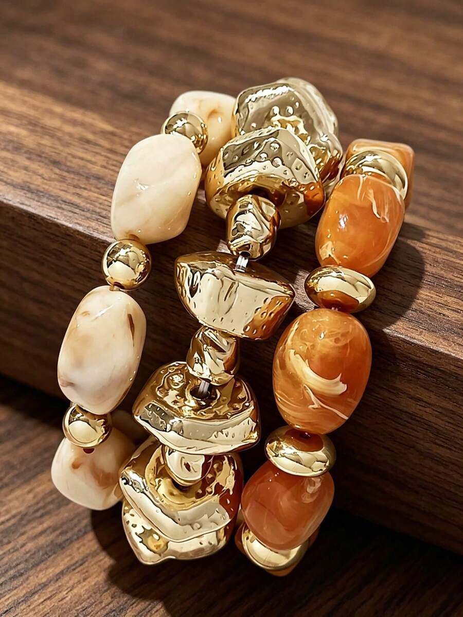 3pcs Set Fashion Retro Bohemian Thick Multi-Layer Acrylic Beaded Bracelets For Women
