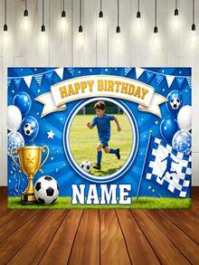 Customizable Photo & Name Football Theme Happy Birthday Backdrop Banner, Blue & White Flag, Balloon & Gold Trophy Design, Suitable For Football Theme Birthday, Event, Holiday, Celebration Background Decoration & Photography Prop, Vinyl Material - Blue - View 8