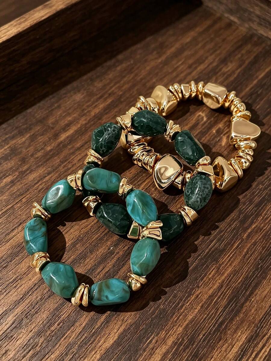 3pcs/Set Fashionable Vintage Bohemian Thick Multi-Layer Brown Acrylic Beaded Bracelet For Women