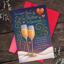 1 Greeting Card + 1 Envelope Elegant Christmas Card Champagne Glass Heart Design "Love For You Two" Suitable For Son And Partner Holiday Art Card - Multicolor - View 3