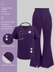 V-Neck Short Sleeve Top And Split Leg Pants, Lab/Nurse Scrub Uniform Suit, Veterinary/ Hospital/Private Care Work Outfit Set With Pockets Spring Fall - Violet Purple - View 2
