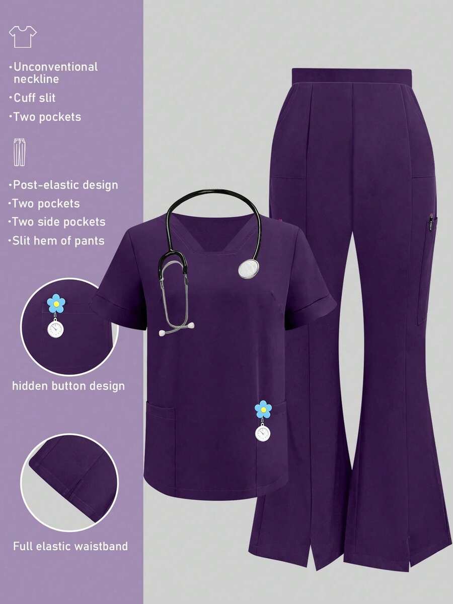 V-Neck Short Sleeve Top And Split Leg Pants, Lab/Nurse Scrub Uniform Suit, Veterinary/ Hospital/Private Care Work Outfit Set With Pockets Spring Fall