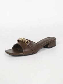 Women's High Heel Sandals, Women's Low Chunky Heel Solid Color Slippers, Small Square Toe Printed Beach Casual Slippers, Commuter Sandals - Chocolate Brown - View 3