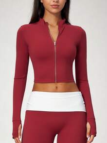 NcmRyu Women's 1pc Solid Color Stand Collar Zipper Thumb Hole Cuff Short Jacket Coat, Autumn/Winter - Red - View 7