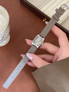 1件經典可調節PU錶帶方形灰色女款石英手錶，帶條形刻度，優雅且適合日常穿著與辦公服飾 - 灰色 - 查看 2