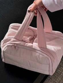 Women's Makeup Bag, Handheld Style, Quilted Nylon, Multi-Zipper, Large Capacity, Portable, For Travel And Home Use (Gift Bag Not Included) - Pink - View 3