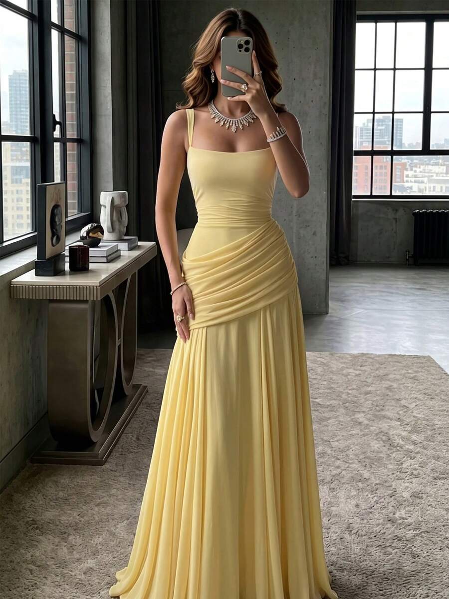 Summer Yellow Strapless Backless Sleeveless Pleated Bodycon Dress, Elegant Women's Clothing For Wedding, Party, Nightclub, Spring Fall