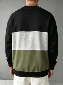 Men's Spring/Autumn Colorblock Pullover Sweatshirt, Regular Crew Neck Fit, Suitable For Daily Wear - Black - View 5