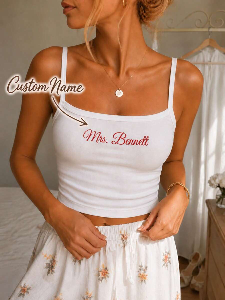 Personalized Mrs Tank Top, Custom Embroidered Bride Shirt, Wedding Party Outfit, Bridal Shower Gift, Cotton Spaghetti Strap Top - Multicolor - View 1