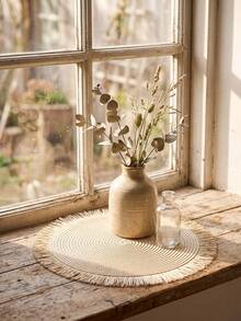 1/2/4/6/12pcs Cream White Woven Placemats, Japanese Rustic Style, Woven Material, Round Shape With Long Tassel Edge Detail, Heat Resistant & Non-Slip, Tabletop Protection & Decorative Function, Tea Mat Suitable For Japanese Tea Ceremony Arrangement And Quiet Home Decor Scenes - Beige - View 6