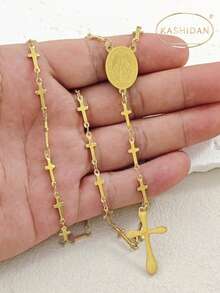KASHIDAN [Religious Cross Necklace] Catholic Cross Link Chain Rosary Y-Necklace With Virgin Mary Medal & Plain Cross Pendant For Prayer Meditation - Multicolor - View 2