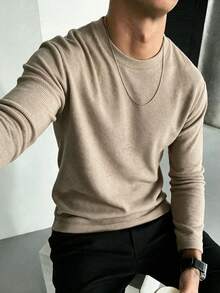 Men's Textured Fleece Crew Neck Long Sleeve T-Shirt, Loose Casual Soft Base Layer Top, Regular Crew Neck Fit, Suitable For Daily Wear And Layering - Khaki - View 2