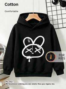 Kids Hooded Sweatshirt, Drip Style Bunny Head Graphic Print Thick Fleece Lined Pullover For Kids - Black - View 9
